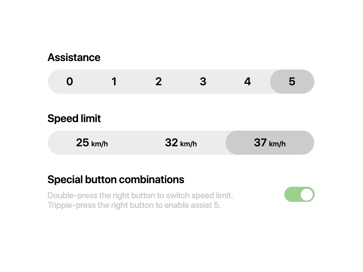 Moofer vehicle-specific assistance and speed limit settings